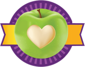 Portion of NFM Logo: a bright green apple with a heart shape carved into it. Behind the heart is a gold banner that extends from left to right. Both are centered above a circle with alternating light and dark purple stripes.