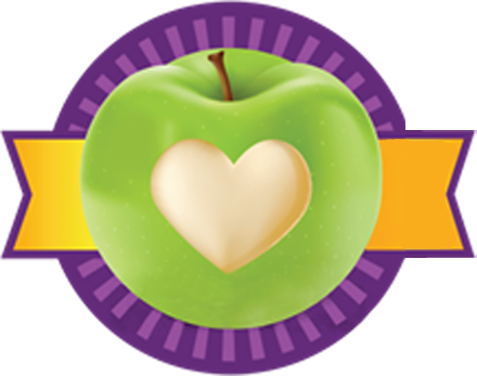 Portion of NFM Logo: a bright green apple with a heart shape carved into it. Behind the heart is a gold banner that extends from left to right. Both are centered above a circle with alternating light and dark purple stripes.