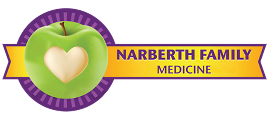 Narberth family medicine logo: featuring a green apple with a heart cut out of it